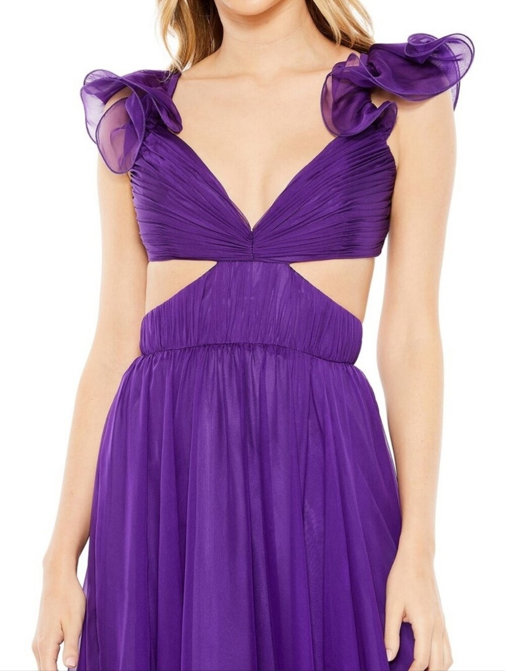 Mac Duggal 70254 Purple Ruched Ruffled Shoulder Cut Out Lace Up Gown 4 NWT Prom - Picture 5 of 13